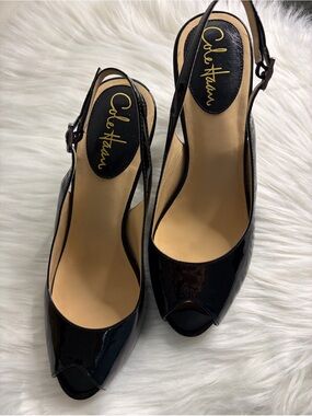 Cole Haan Black Patent Peep-Toe Slingback Pumps NikeAir Size B